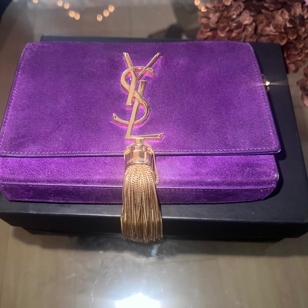 Purple YSL Saint Laurent Suede Monogram Kate Tassel Crossbody Bag.